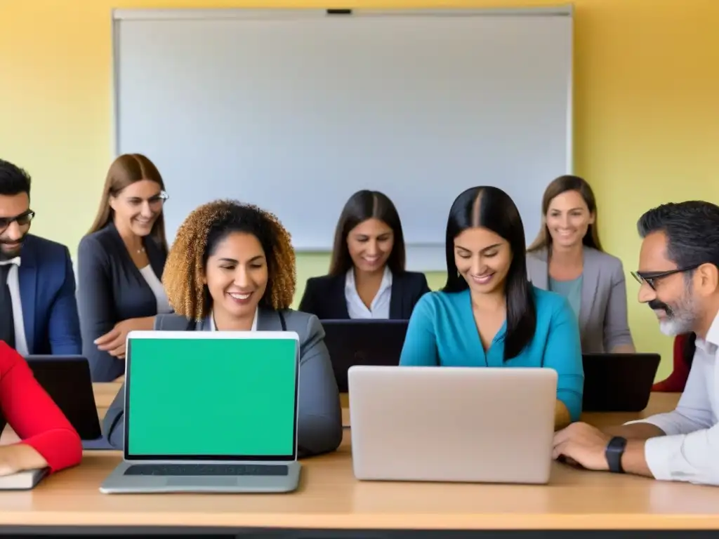 Grupo diverso de docentes en Uruguay en capacitación docente sobre tecnologías educativas, en ambiente colaborativo y de aprendizaje