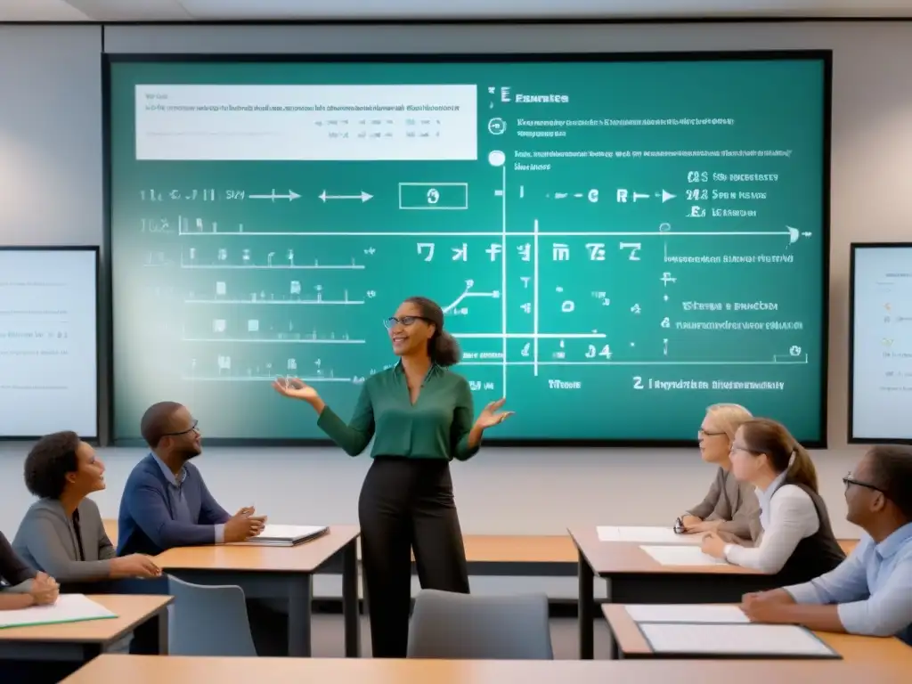 Grupo diverso de docentes colaborando en moderno aula, rodeados de ecuaciones y diagramas científicos en pantalla digital
