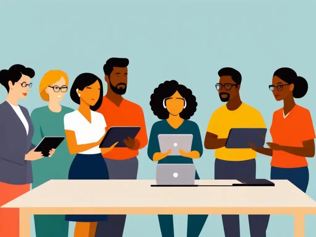 Un grupo diverso de docentes se reúne alrededor de una tablet, mostrando concentración e interés en una sesión colaborativa