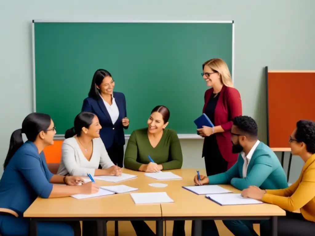 Un grupo diverso de docentes colaborando en un taller de desarrollo profesional, resaltando a una maestra de Uruguay