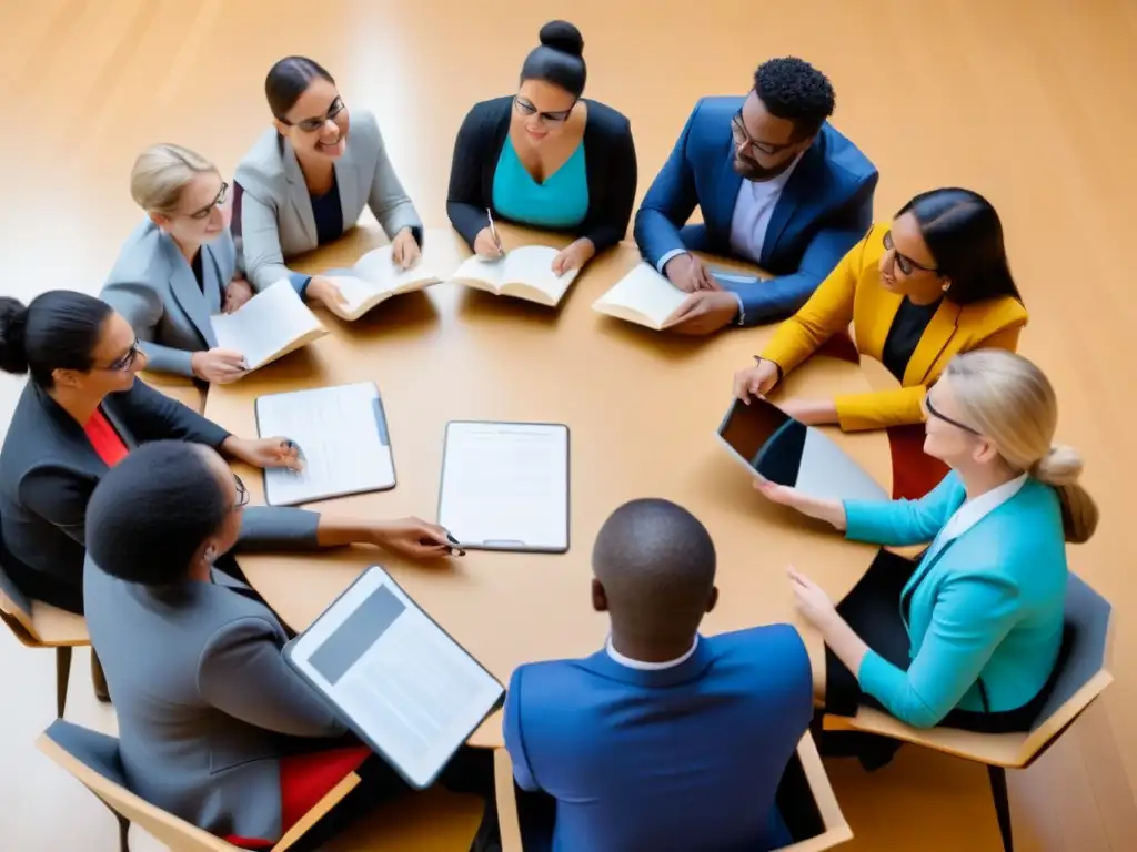 Un grupo diverso de docentes en un taller de formación docente en Uruguay, colaborando y discutiendo materiales educativos