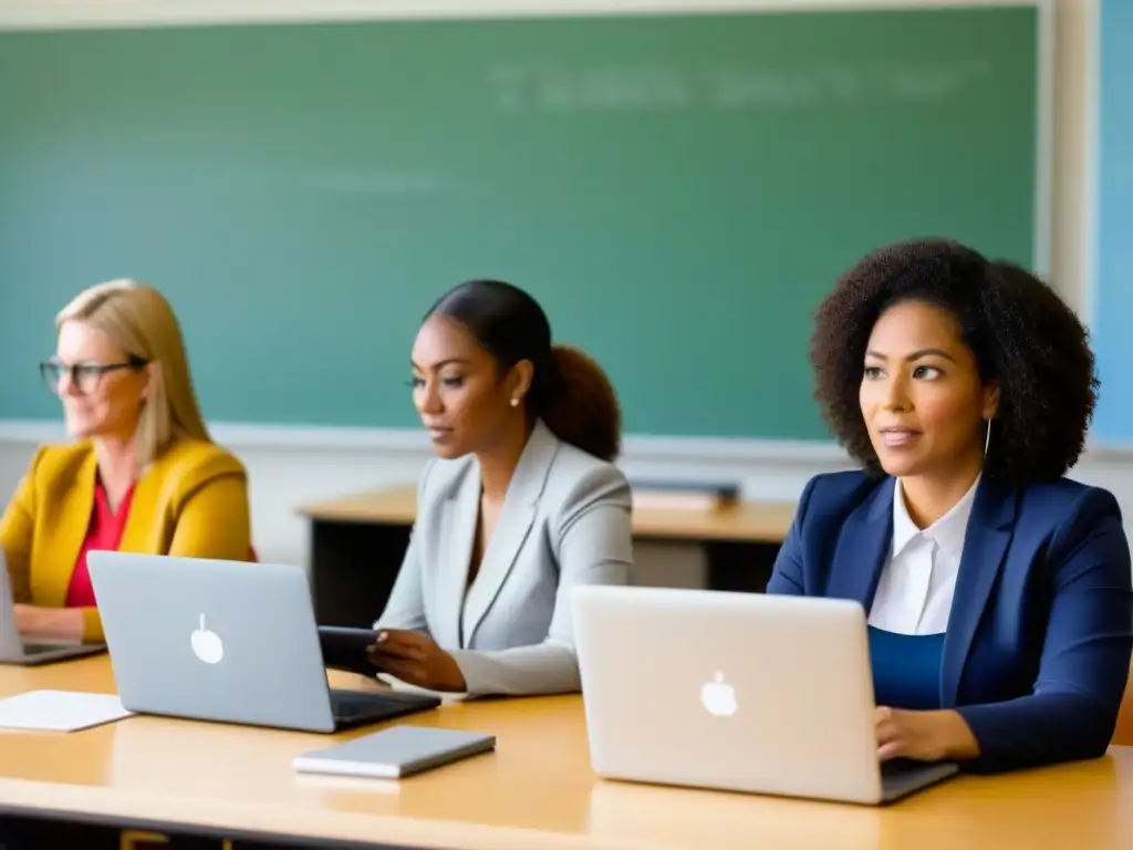 Un grupo diverso de docentes se enfoca en tecnologías educativas en Uruguay, colaborando e innovando en un aula iluminada naturalmente