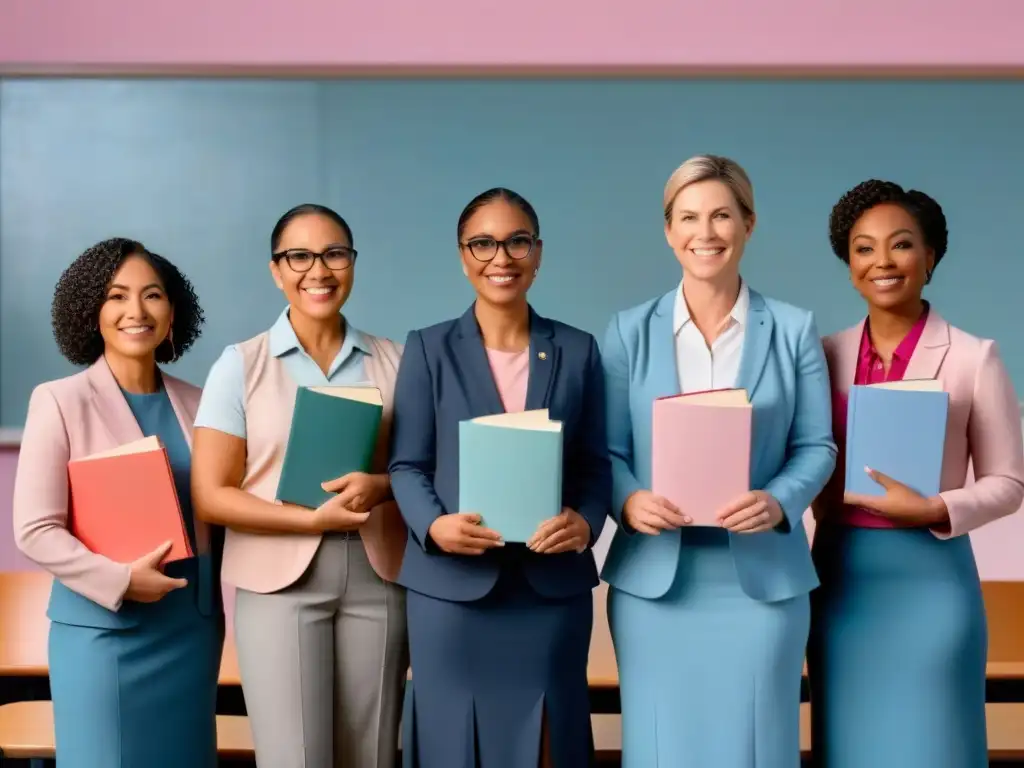 Un grupo diverso de docentes unidos, sosteniendo libros con portadas de colores diferentes, en un ambiente armonioso y pacífico