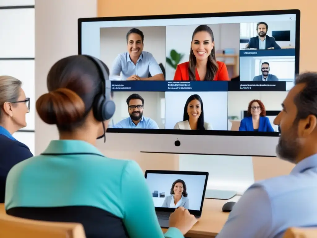 Maestros uruguayos en capacitación virtual: tecnología educativa en acción Grupo diverso de docentes uruguayos en capacitación virtual, concentrados en pantallas