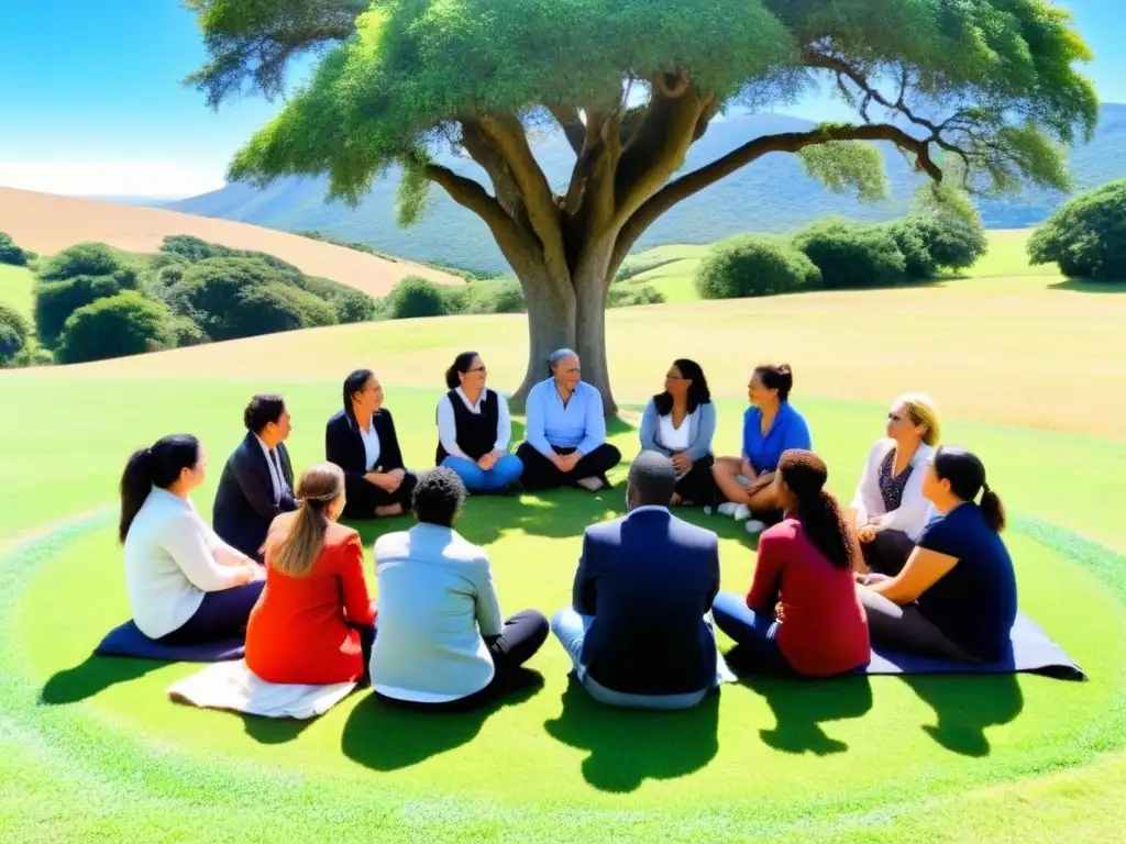 Grupo diverso de docentes uruguayos en círculo bajo un árbol, debatiendo animadamente