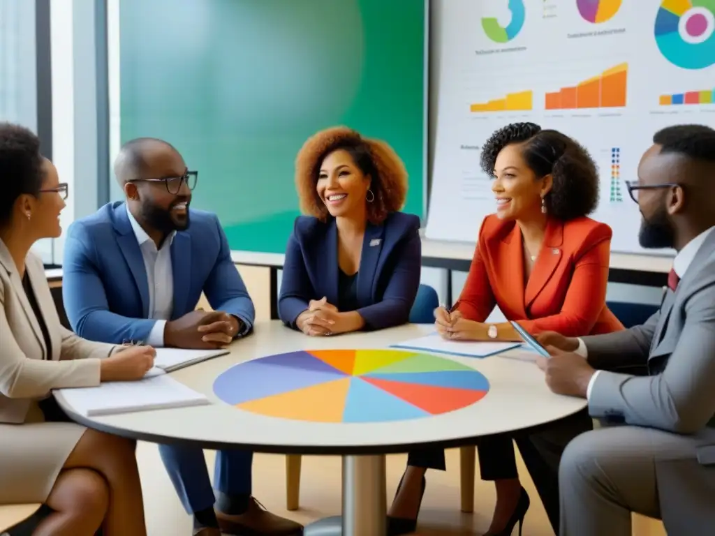 Grupo diverso de educadores discutiendo adaptación curricular para personalizar aprendizaje en aula moderna