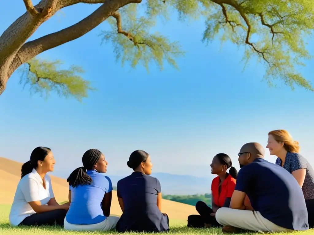 Un grupo diverso de educadores se reúne bajo un árbol en áreas rurales, mostrando colaboración y atención