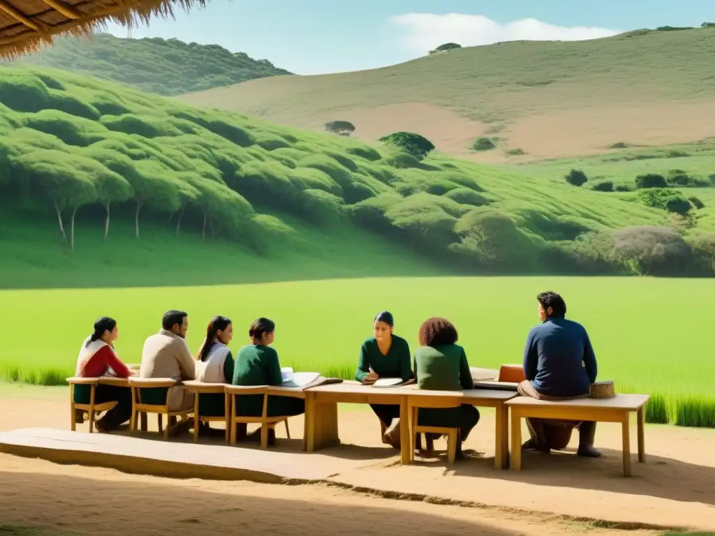 Grupo diverso de educadores discutiendo animadamente en aula rural de Uruguay, rodeados de naturaleza