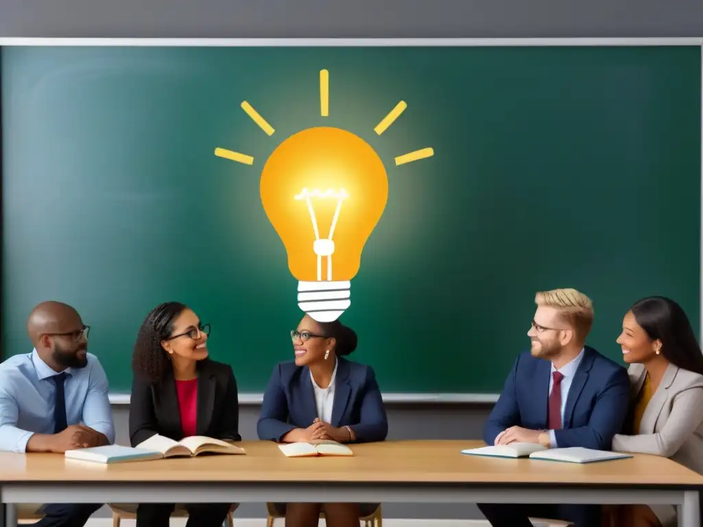 Grupo diverso de educadores colaborando alrededor de una bombilla brillante en un aula moderna, simbolizando ideas innovadoras en la enseñanza