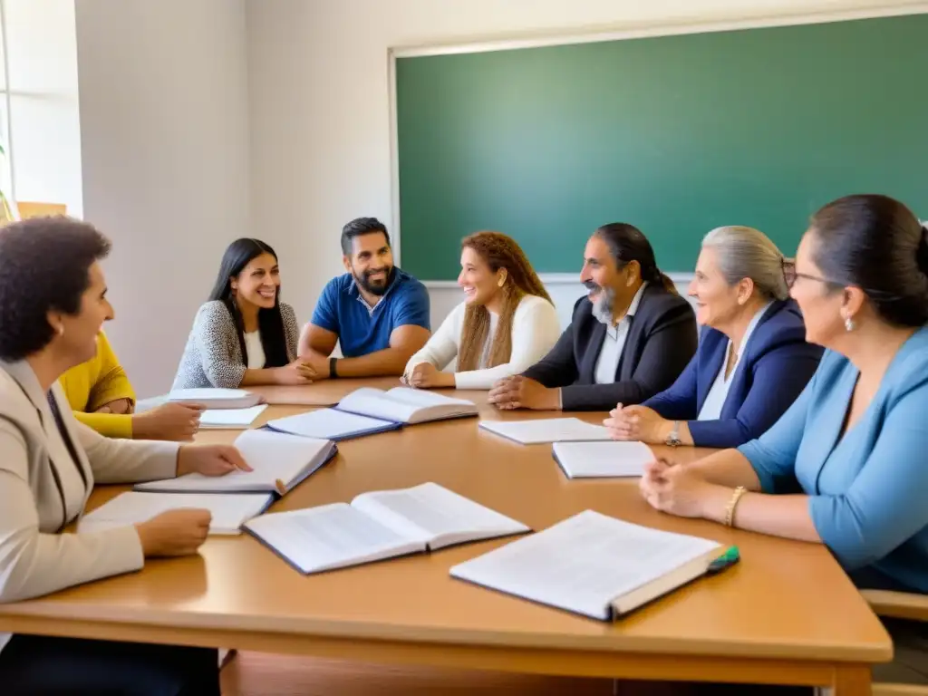 Reunión de educadores en Uruguay: diversidad y colaboración educativa Un grupo diverso de educadores en Uruguay compartiendo experiencias y debatiendo oportunidades de capacitación profesional