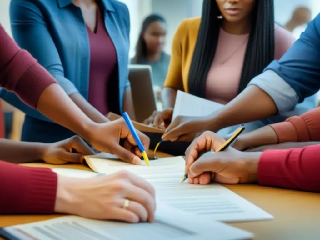 Un grupo diverso de educadores colaborando alrededor de una mesa con herramientas educativas, destacando la importancia de la adaptación curricular para personalizar el aprendizaje