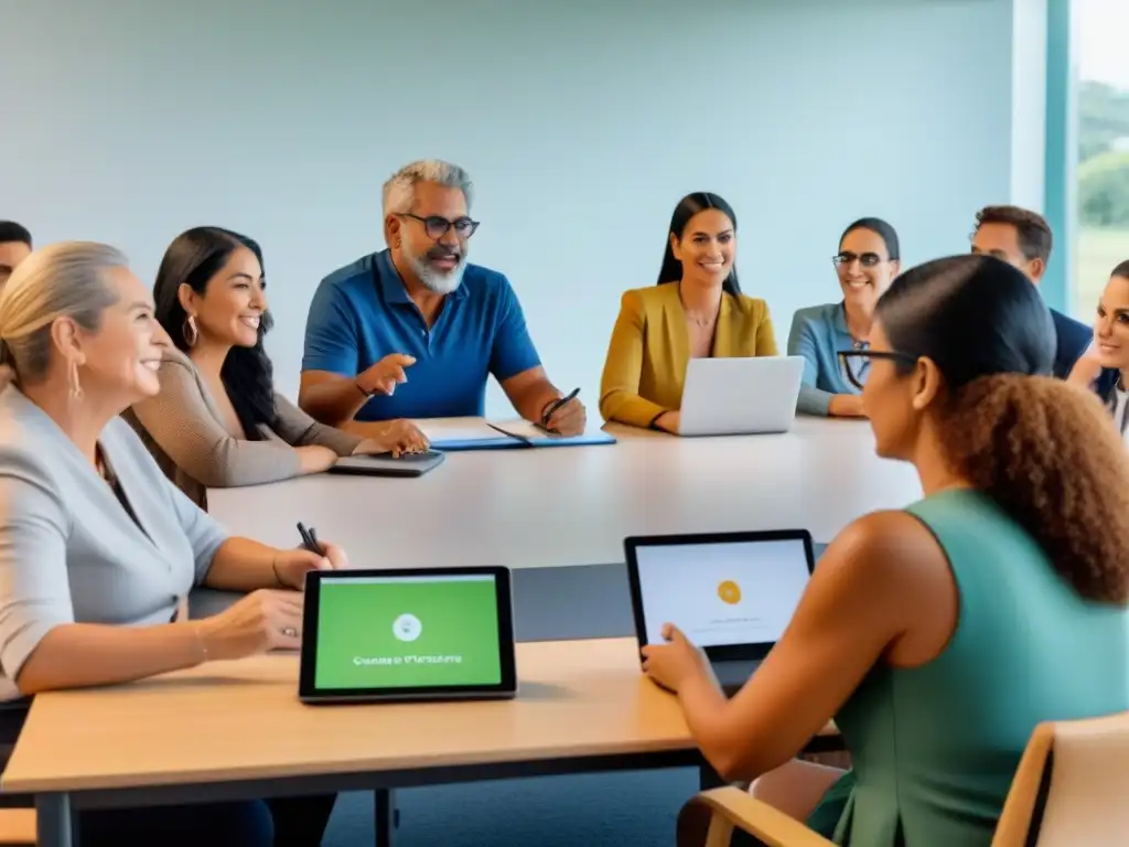 Un grupo diverso de educadores en Uruguay aplicando metodologías ágiles en educación, colaborando en un aula moderna y vibrante