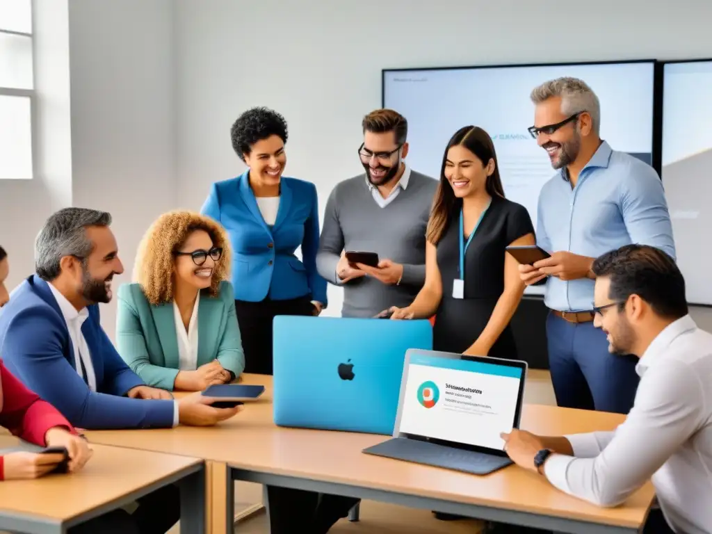 Grupo diverso de educadores en Uruguay explorando plataformas AdTech en un aula moderna, reflejando entusiasmo y colaboración