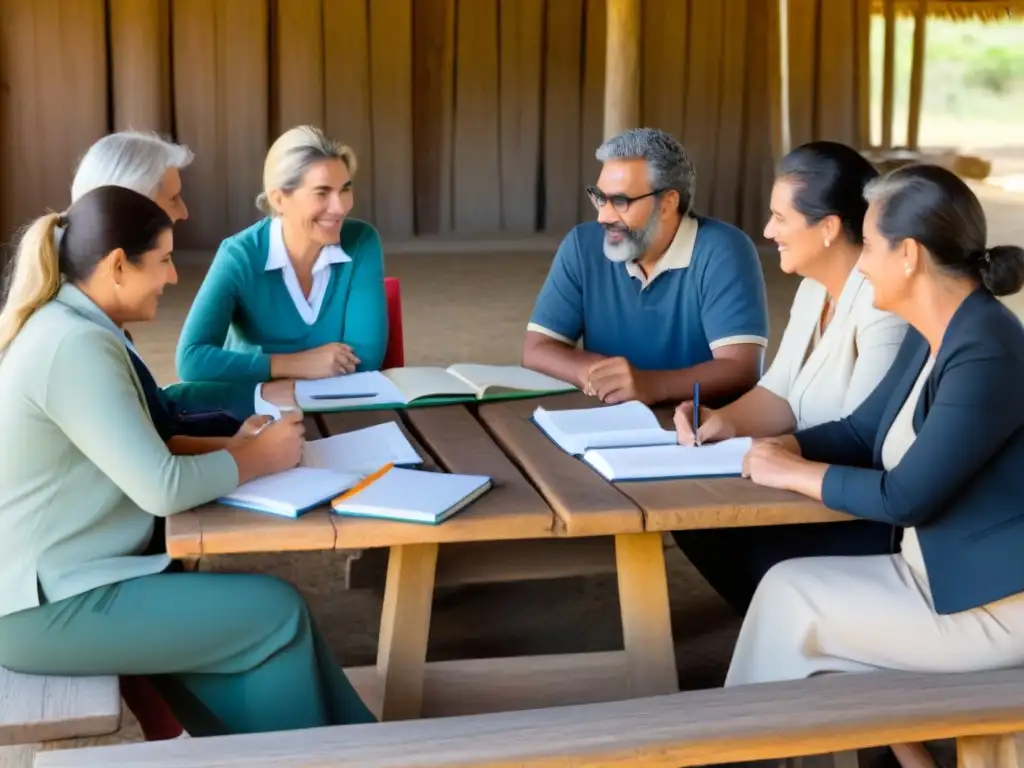 Un grupo diverso de educadores rurales en Uruguay participando en un animado debate alrededor de una mesa de madera