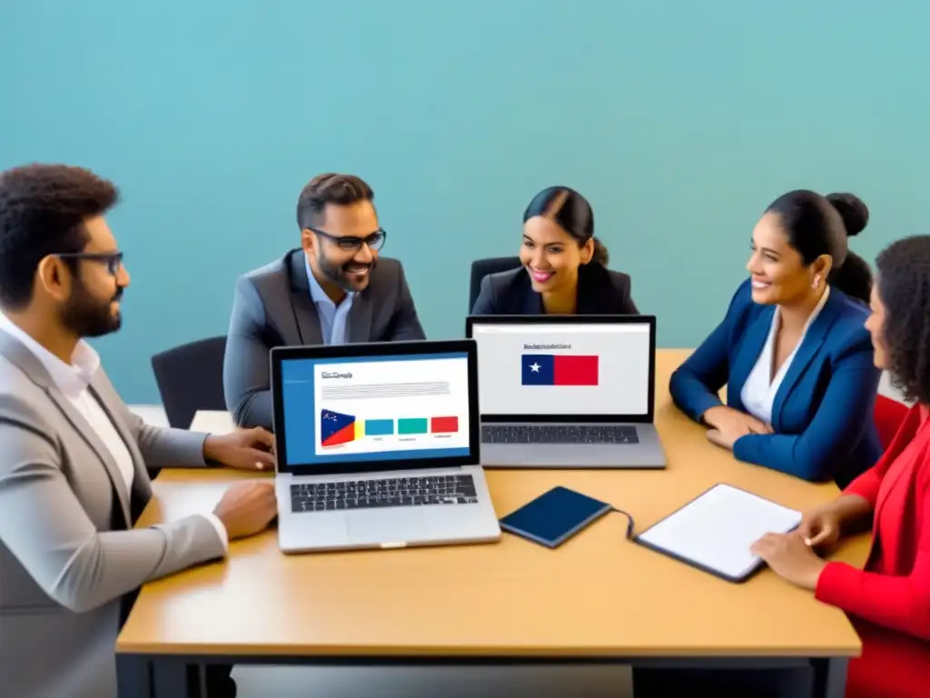 Un grupo diverso de educadores en una sesión colaborativa de elearning, con tecnología moderna en un ambiente profesional y educativo