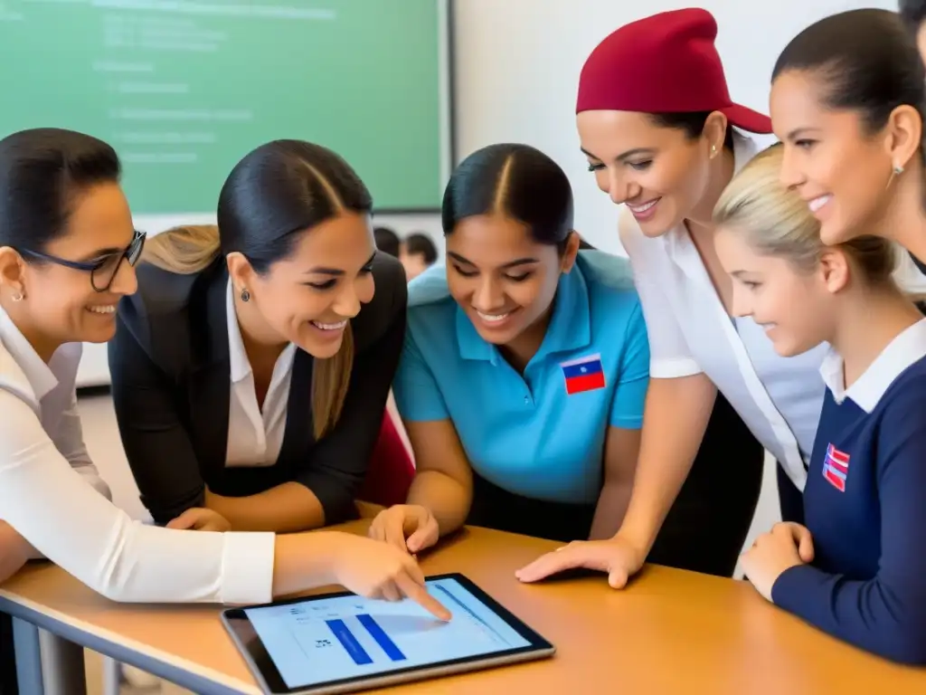 Grupo diverso de educadores uruguayos colaborando alrededor de una tablet en un aula moderna