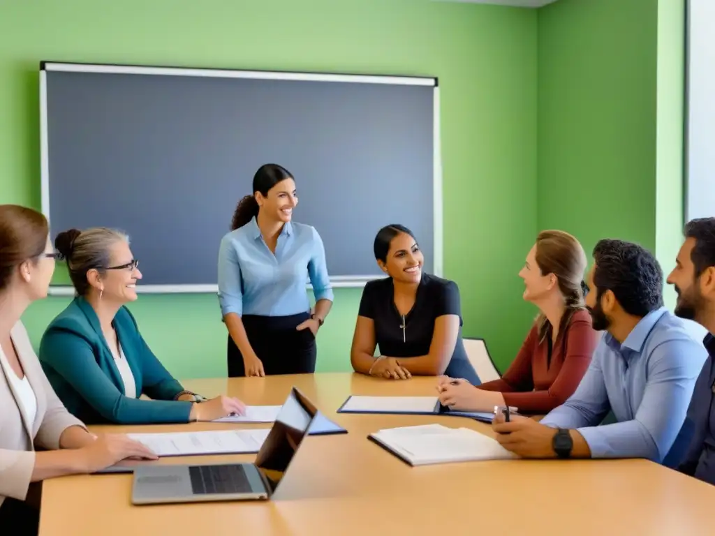 Un grupo diverso de educadores uruguayos discute estrategias en un aula moderna y equipada, simbolizando colaboración e innovación en la enseñanza