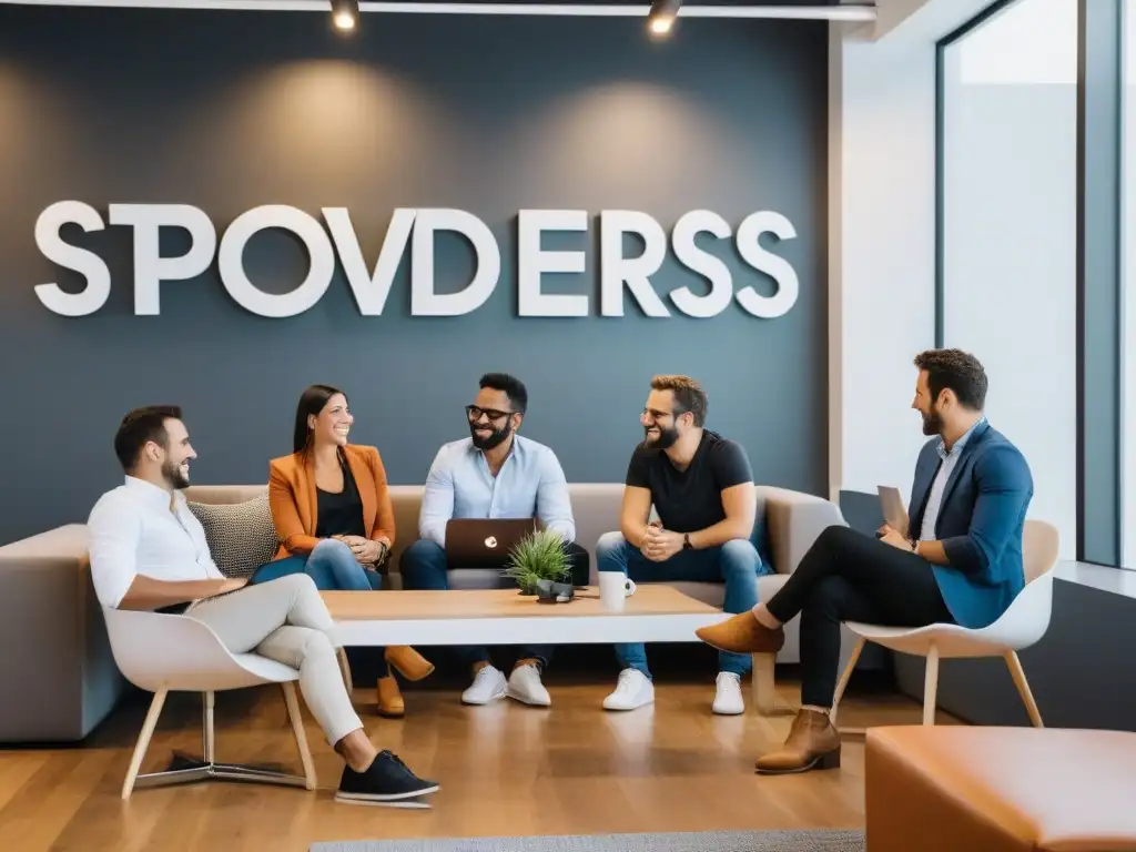 Grupo diverso de emprendedores en coworking uruguayo, colaborando en proyectos innovadores