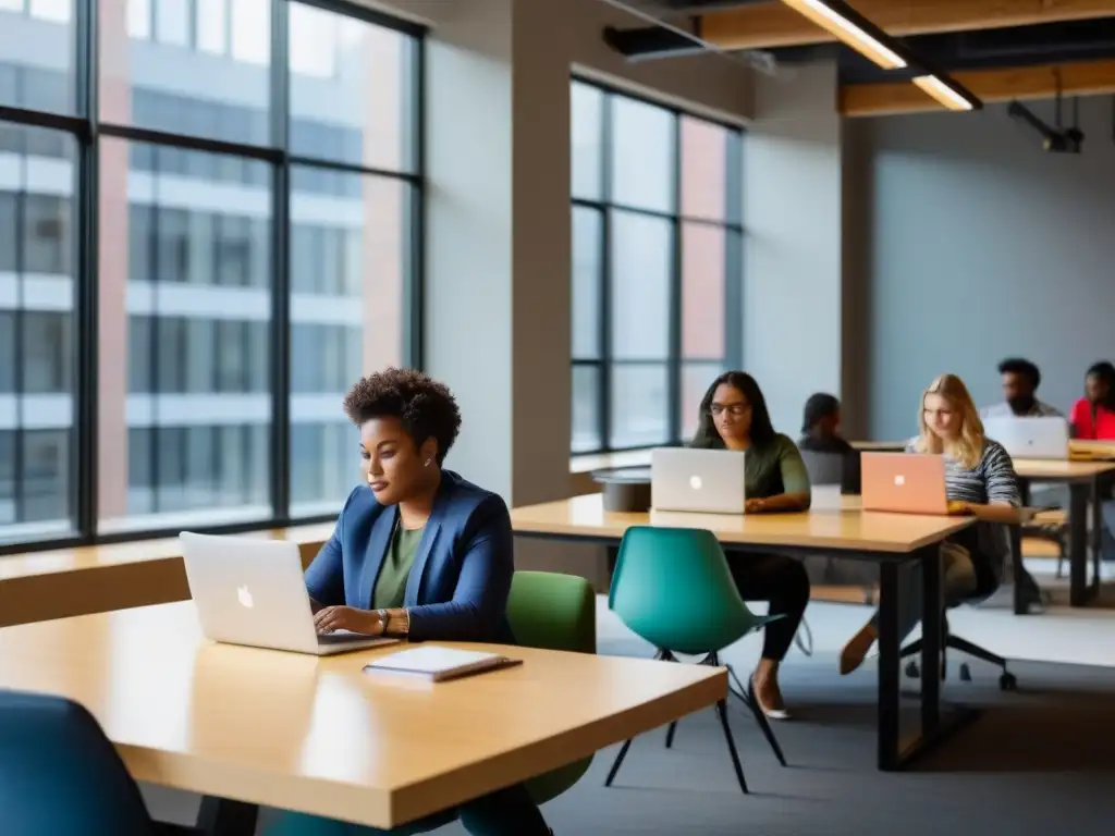 Un grupo diverso de emprendedores trabajando juntos en un espacio de coworking moderno y luminoso, en Uruguay