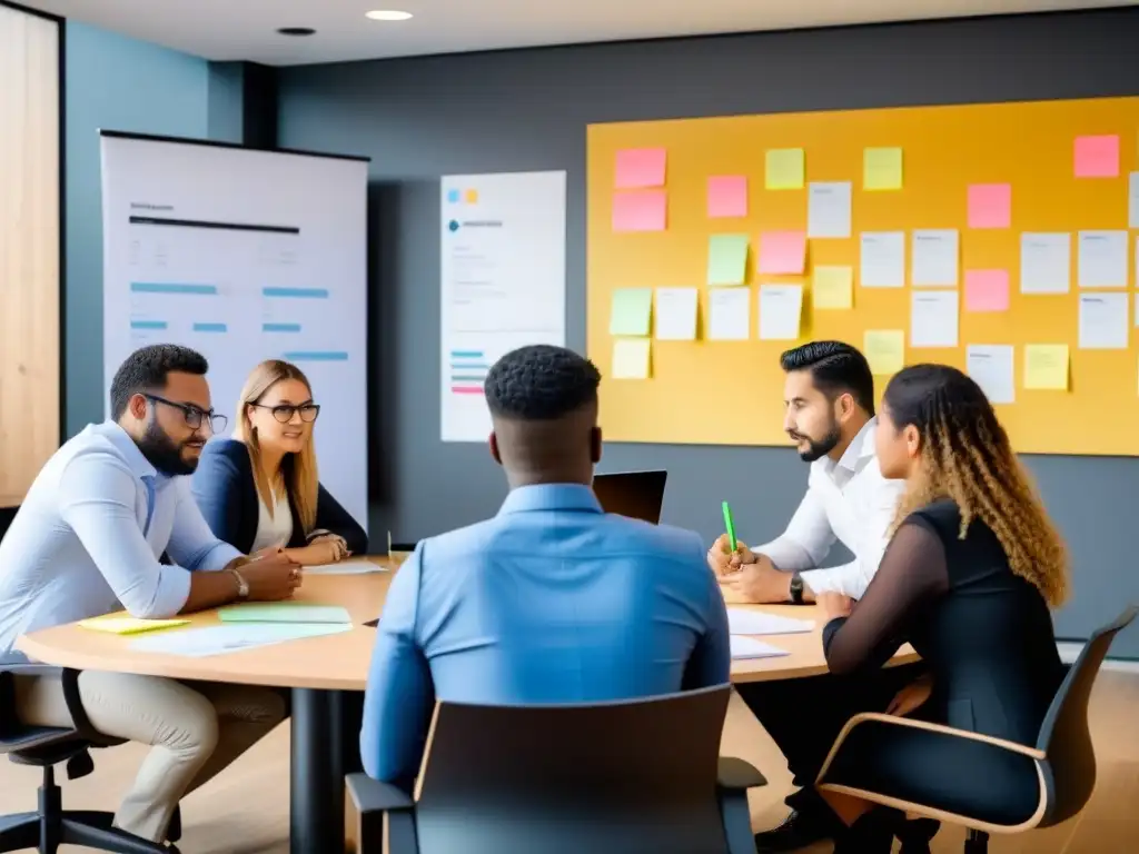 Grupo diverso de emprendedores uruguayos en intenso brainstorming para su startup educativa