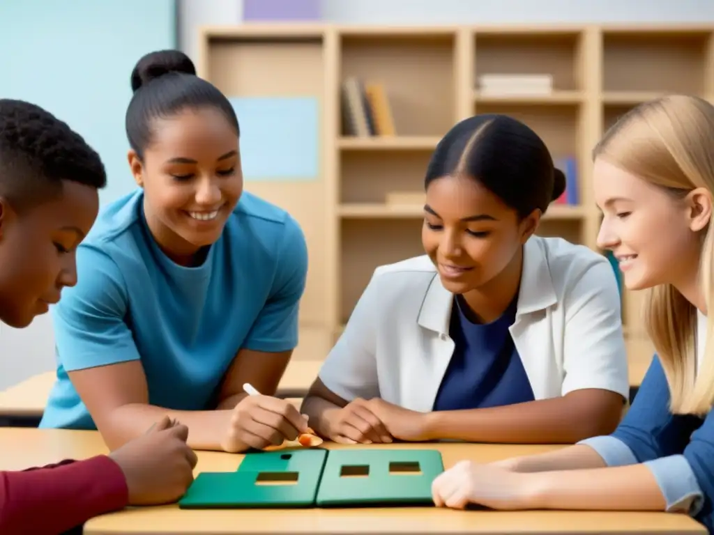 Un grupo diverso de estudiantes participa en una actividad educativa gamificada, evidenciando concentración y colaboración