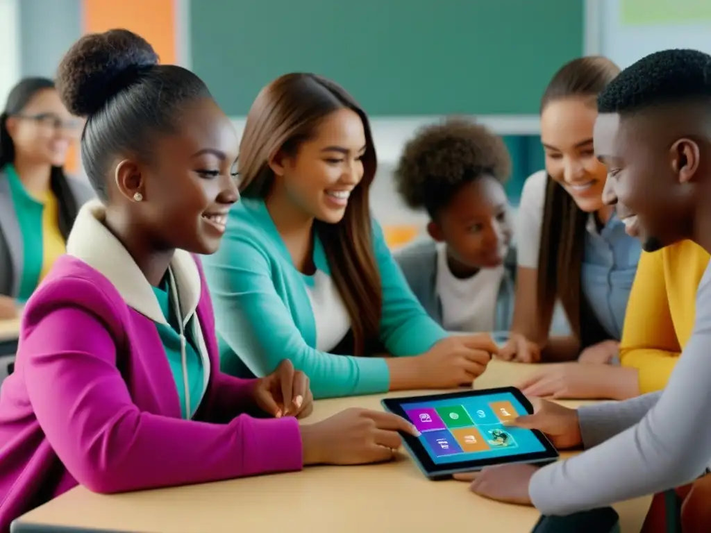 Grupo diverso de estudiantes colaborando en actividad educativa postpandemia en Uruguay con tabletas digitales en aula moderna y colorida