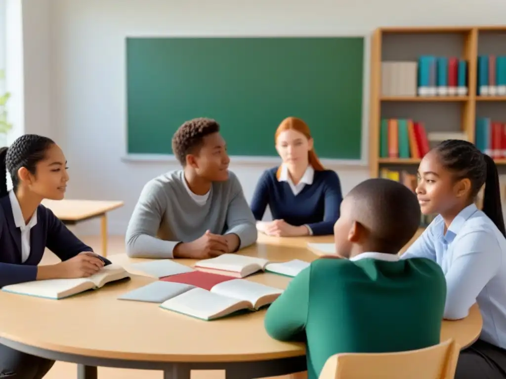 Un grupo diverso de estudiantes colabora en una actividad de aprendizaje de idiomas, concentrados en un aula moderna y luminosa