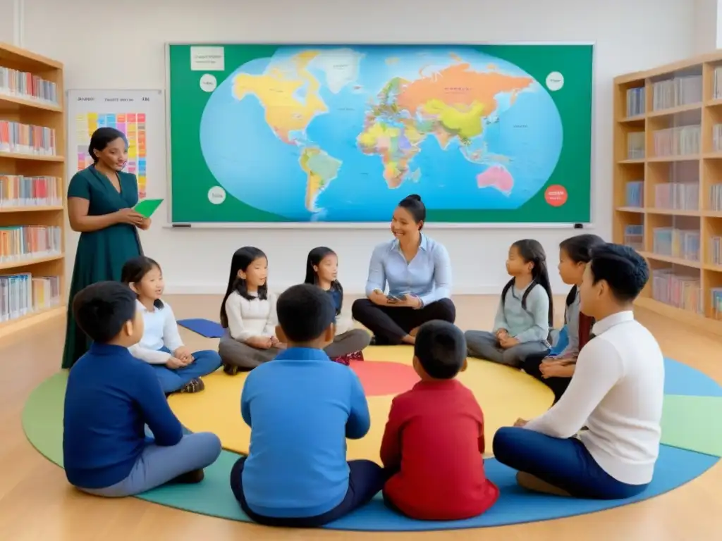 Un grupo diverso de jóvenes estudiantes participa en una actividad de aprendizaje de idiomas en un aula luminosa y moderna