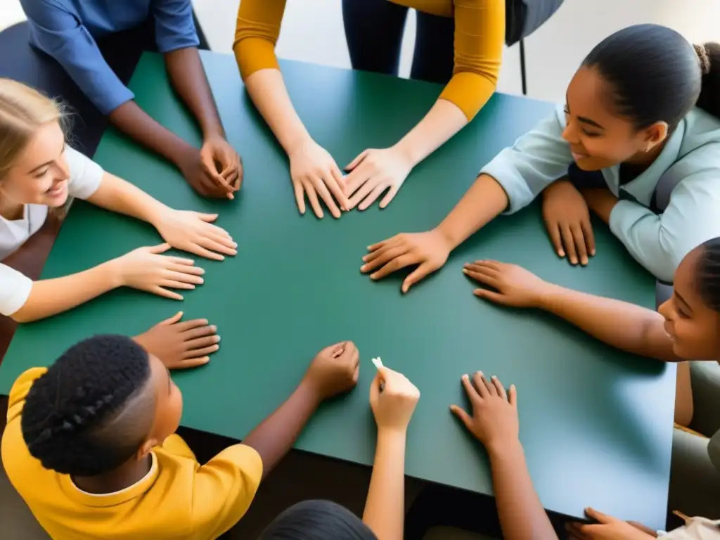 Un grupo diverso de estudiantes en actividad colaborativa, mostrando inclusión y apoyo en educación bilingüe