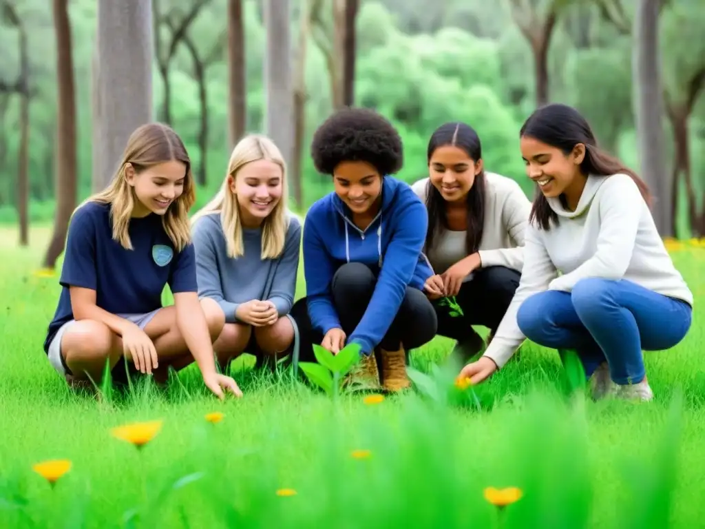 Un grupo diverso de estudiantes participa en una actividad de educación ambiental en Uruguay, rodeados de naturaleza exuberante