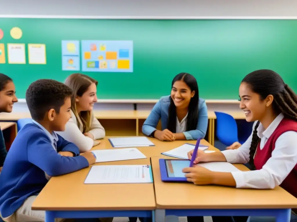 Grupo diverso de estudiantes participando en actividades lúdicas en aulas uruguayas