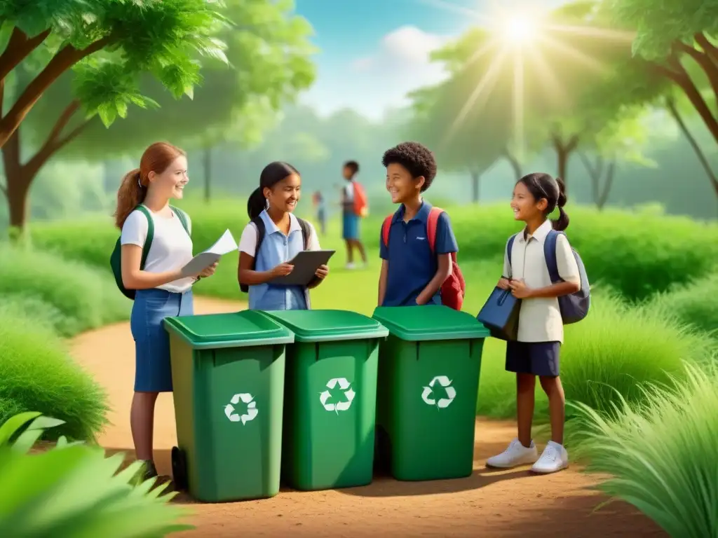 Educación ambiental: diversidad en armonía natural Un grupo diverso de estudiantes disfruta de actividades al aire libre en armonía con la naturaleza, promoviendo la educación sostenible en Uruguay