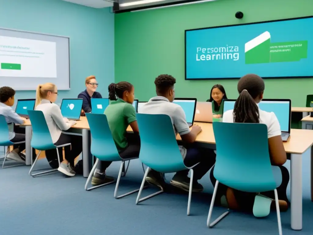 Grupo diverso de estudiantes en actividades educativas personalizadas con tecnología en aula moderna