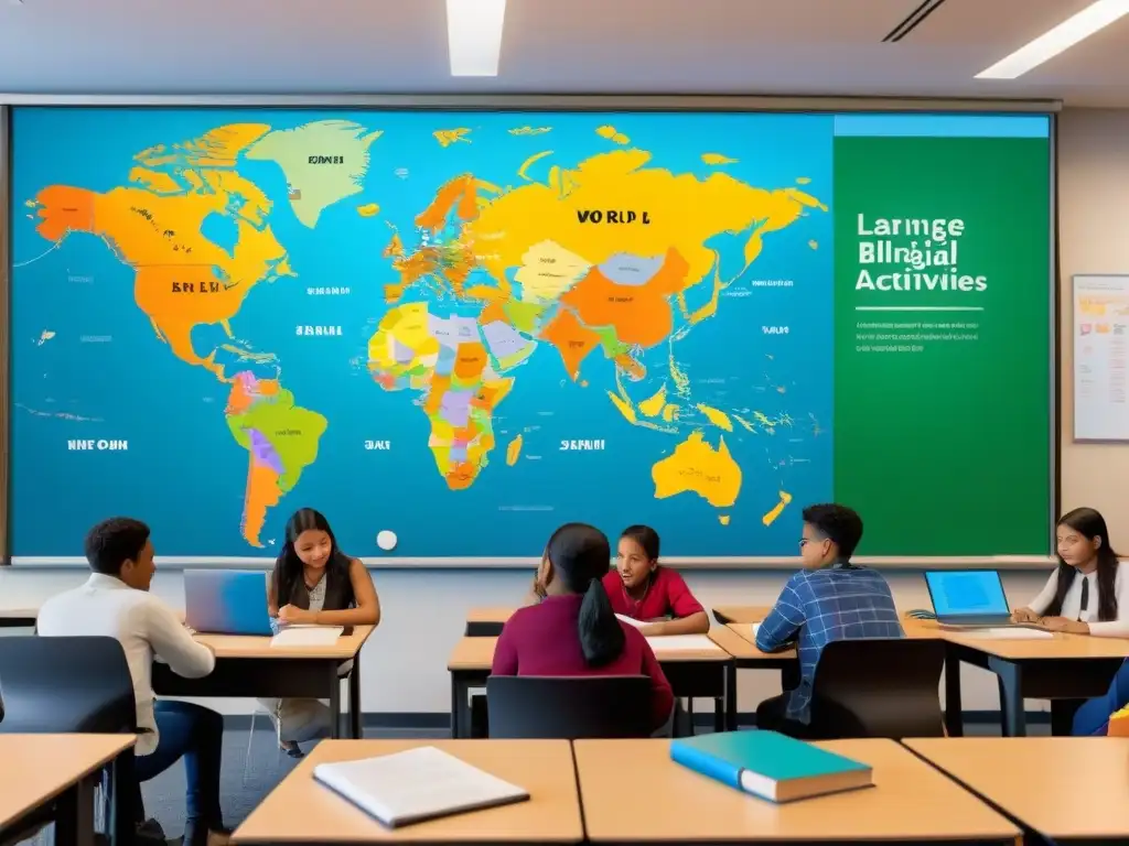 Aprendizaje bilingüe: Diversidad en acción Grupo diverso de estudiantes colaborando en actividades de aprendizaje bilingüe en un aula moderna
