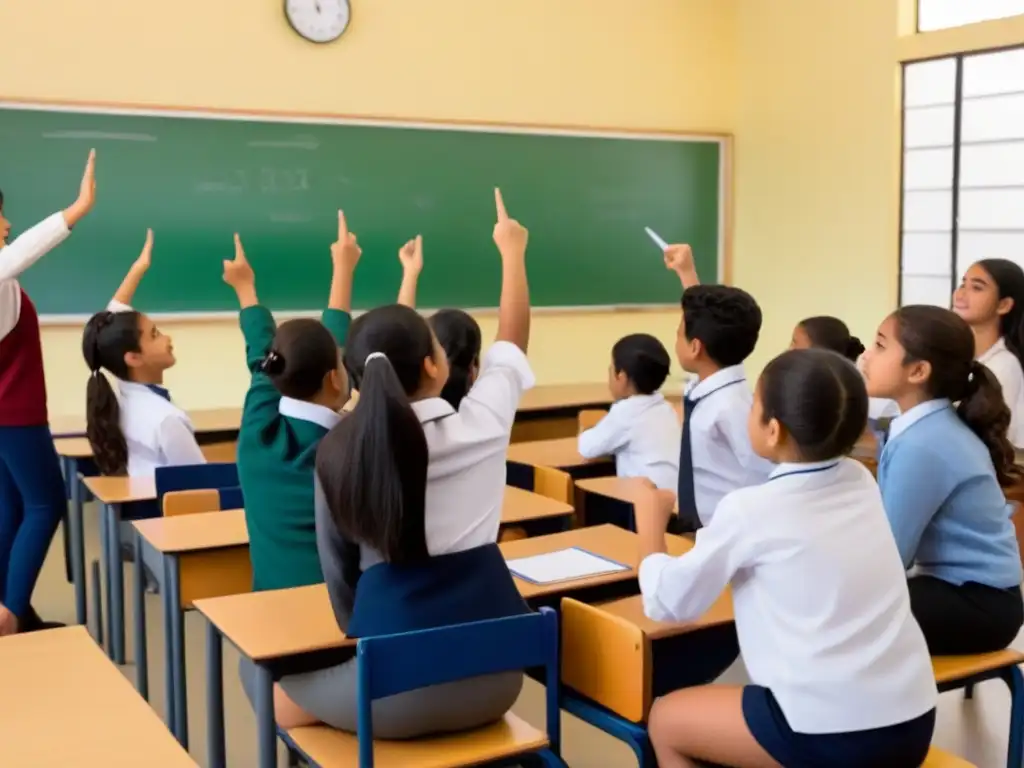 Un grupo diverso de estudiantes participa activamente en actividades de aprendizaje de idiomas TPR en una escuela uruguaya