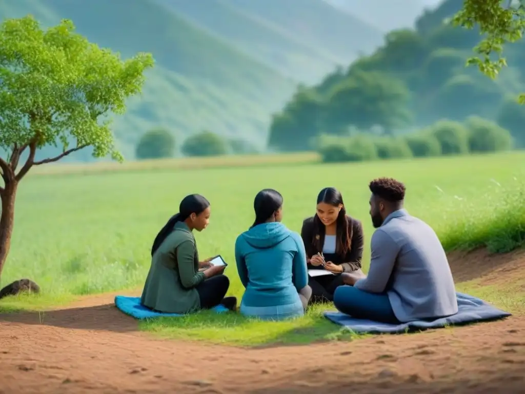 Grupo diverso de estudiantes colaborando en actividades al aire libre en entorno rural, conectados con la naturaleza