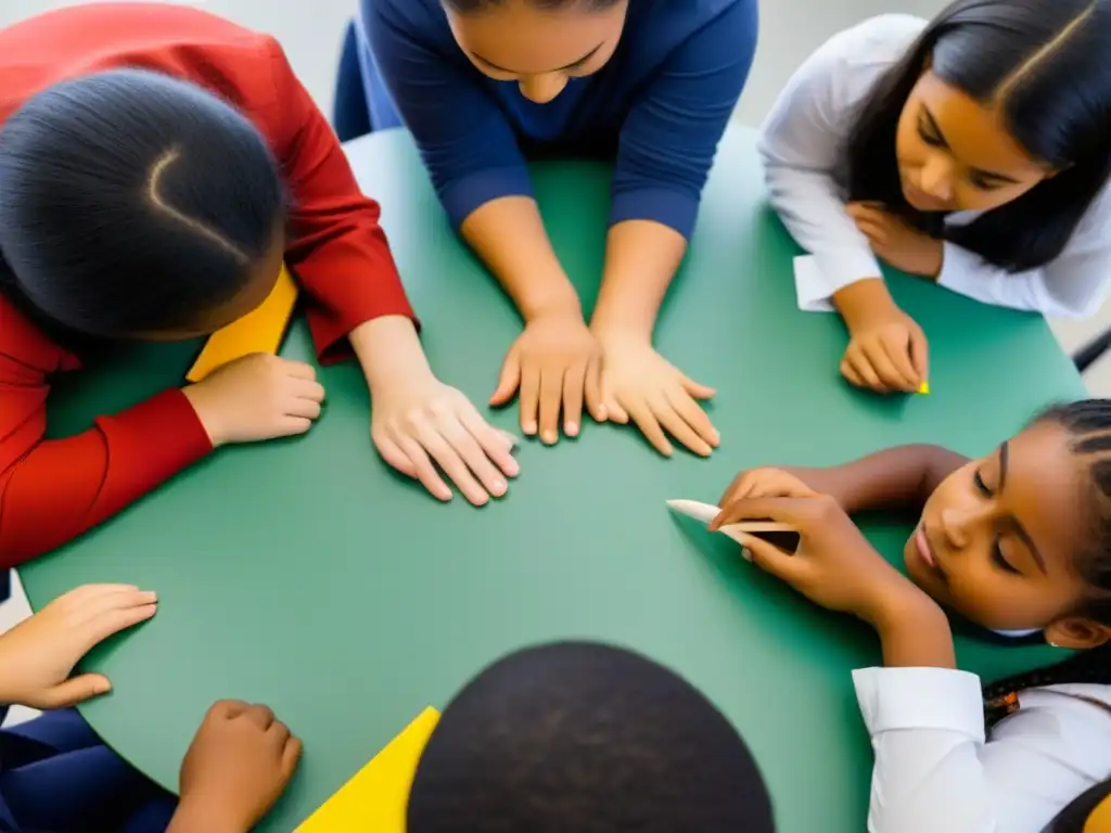 Un grupo diverso de estudiantes colabora en actividades de aprendizaje, demostrando adaptación curricular para personalizar el aprendizaje