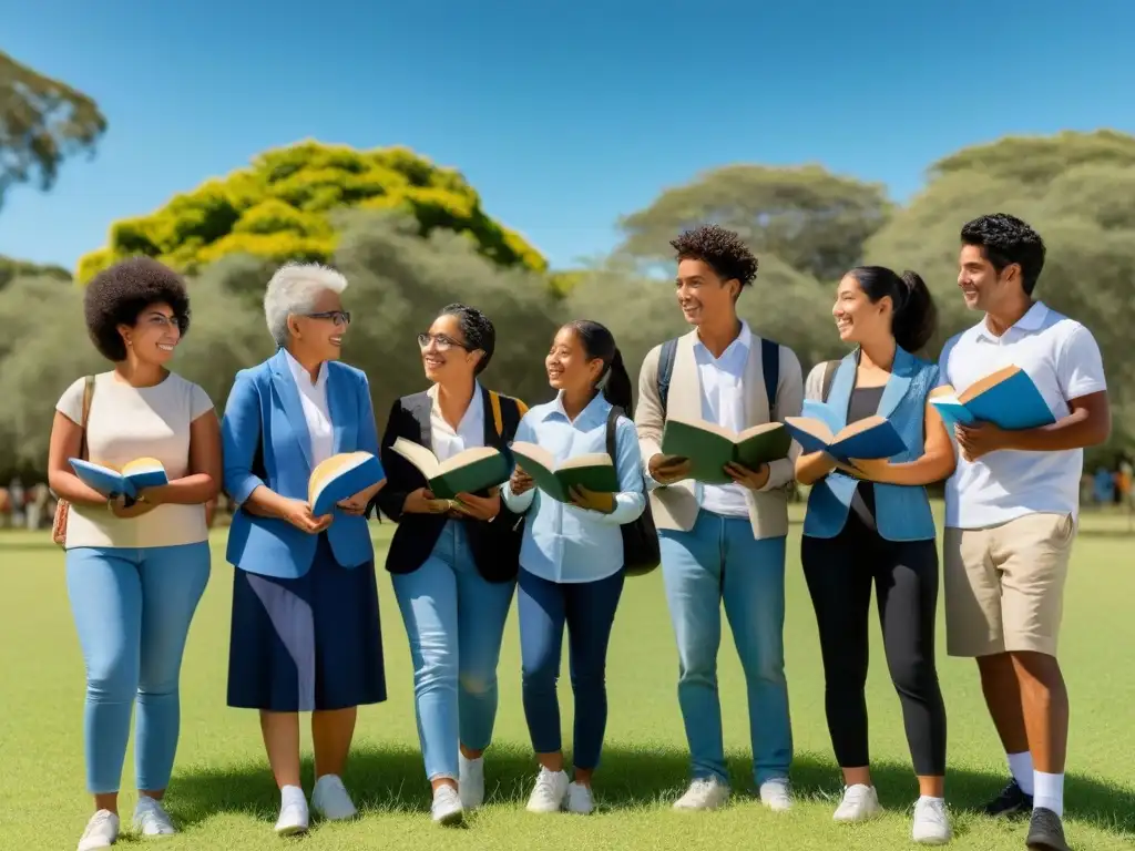 Grupo diverso de estudiantes colaborando al aire libre en Uruguay, rodeados de naturaleza y libros