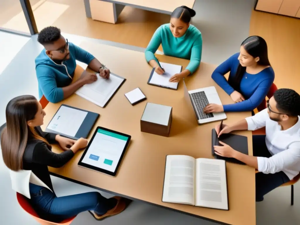 Grupo diverso de estudiantes con altas capacidades colaborando en aula moderna en Uruguay, destacando la inclusión y excelencia educativa