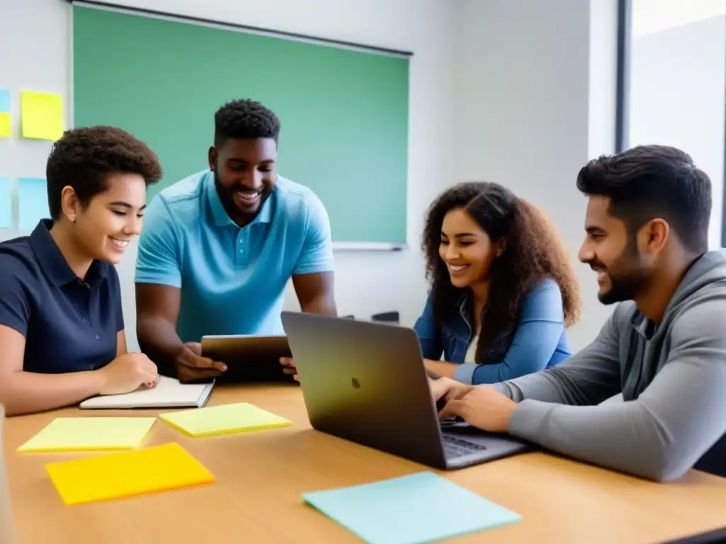 Grupo diverso de estudiantes creando aplicaciones móviles educativas en Uruguay, reflejando colaboración e innovación