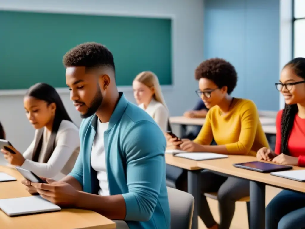 Un grupo diverso de estudiantes usa aplicaciones móviles educativas en un aula moderna de Uruguay, fusionando métodos tradicionales y digitales