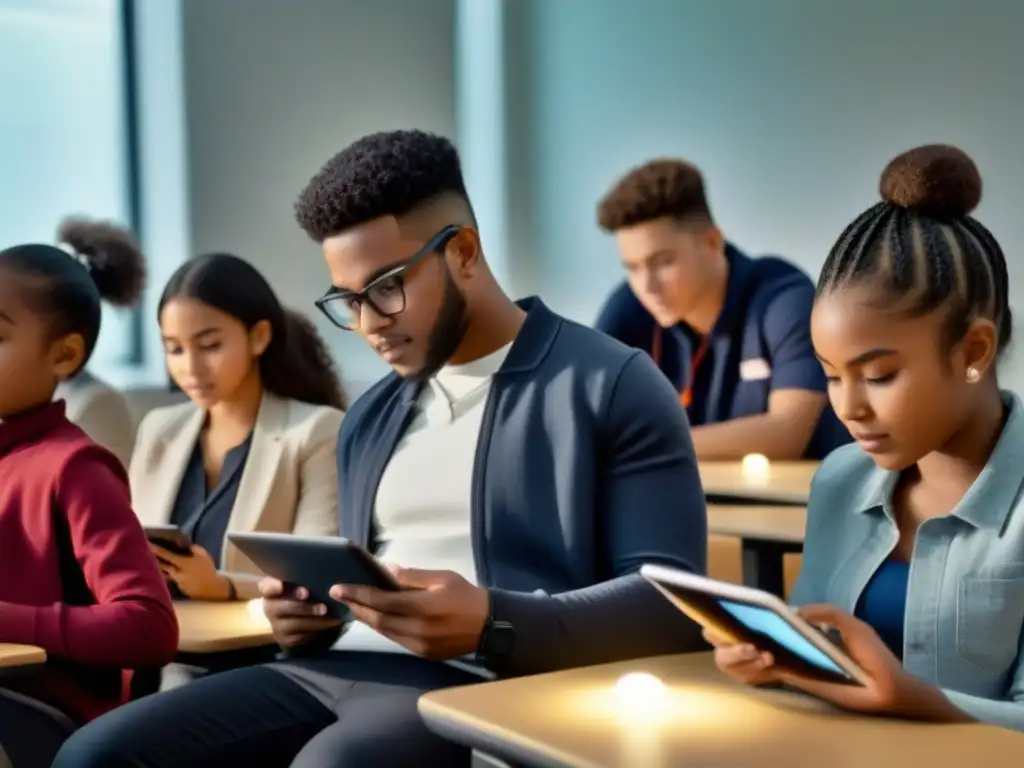 Grupo diverso de estudiantes usando apps móviles de aprendizaje en un aula moderna en Uruguay