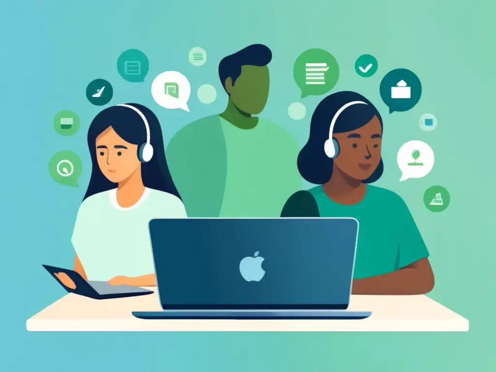Grupo diverso de estudiantes en sesión de aprendizaje online con laptops