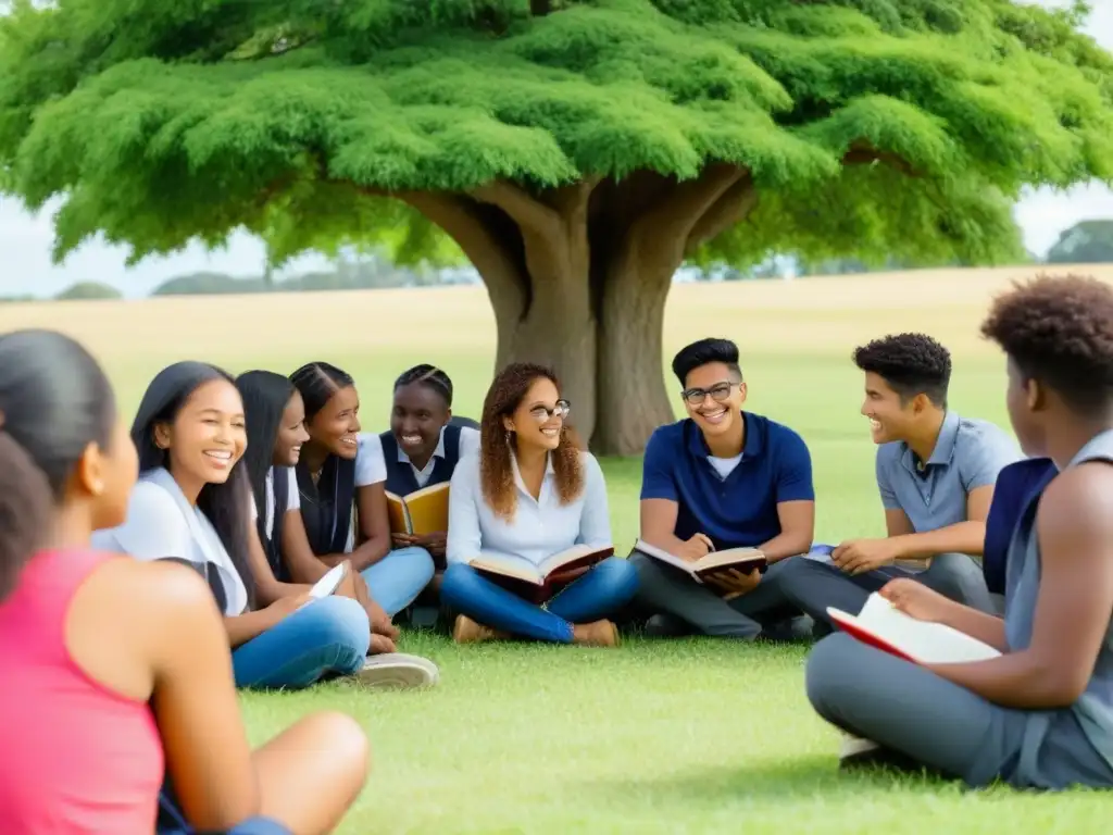 Un grupo diverso de estudiantes discuten animadamente bajo un árbol, en un campo con cielo azul, representando la Reforma Educativa 1995 en Uruguay