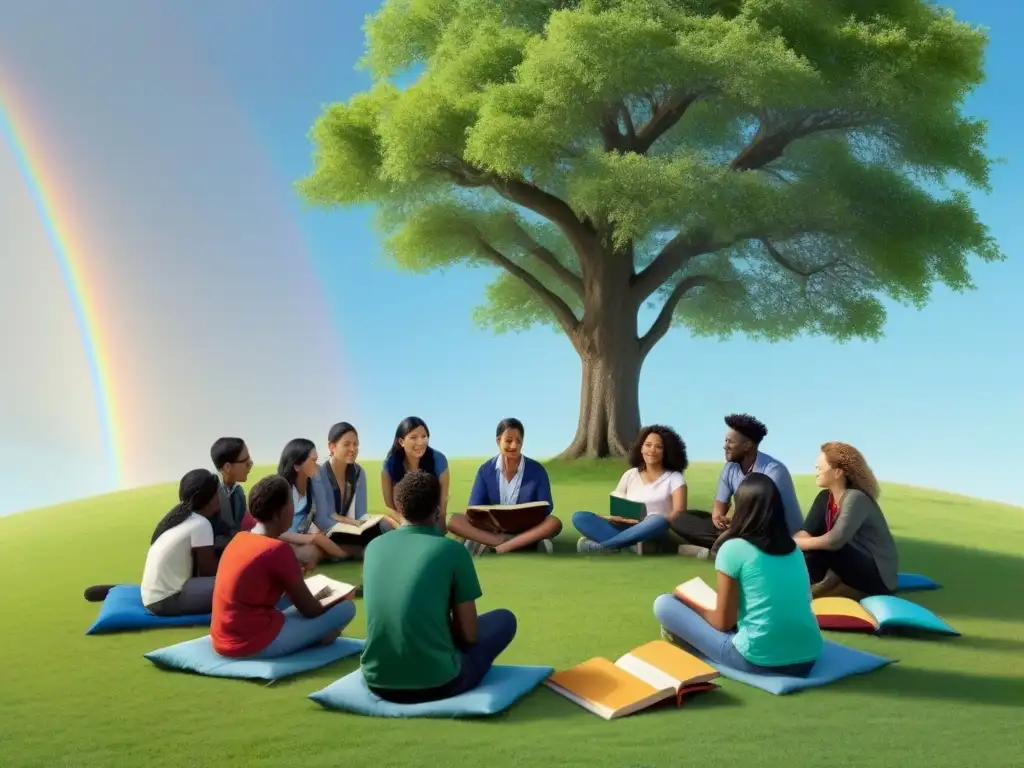 Grupo diverso de estudiantes debatiendo bajo un árbol, con libros y tablets