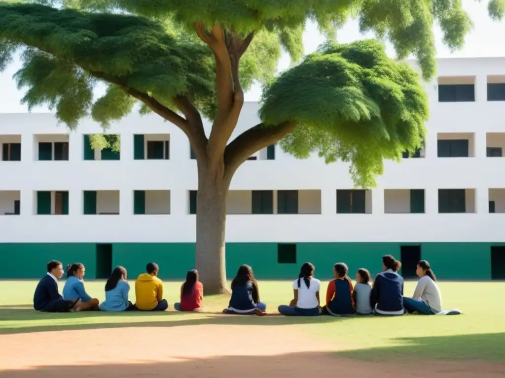 Un grupo diverso de estudiantes se reúne bajo un árbol en un patio escolar en Uruguay, mostrando unidad y igualdad