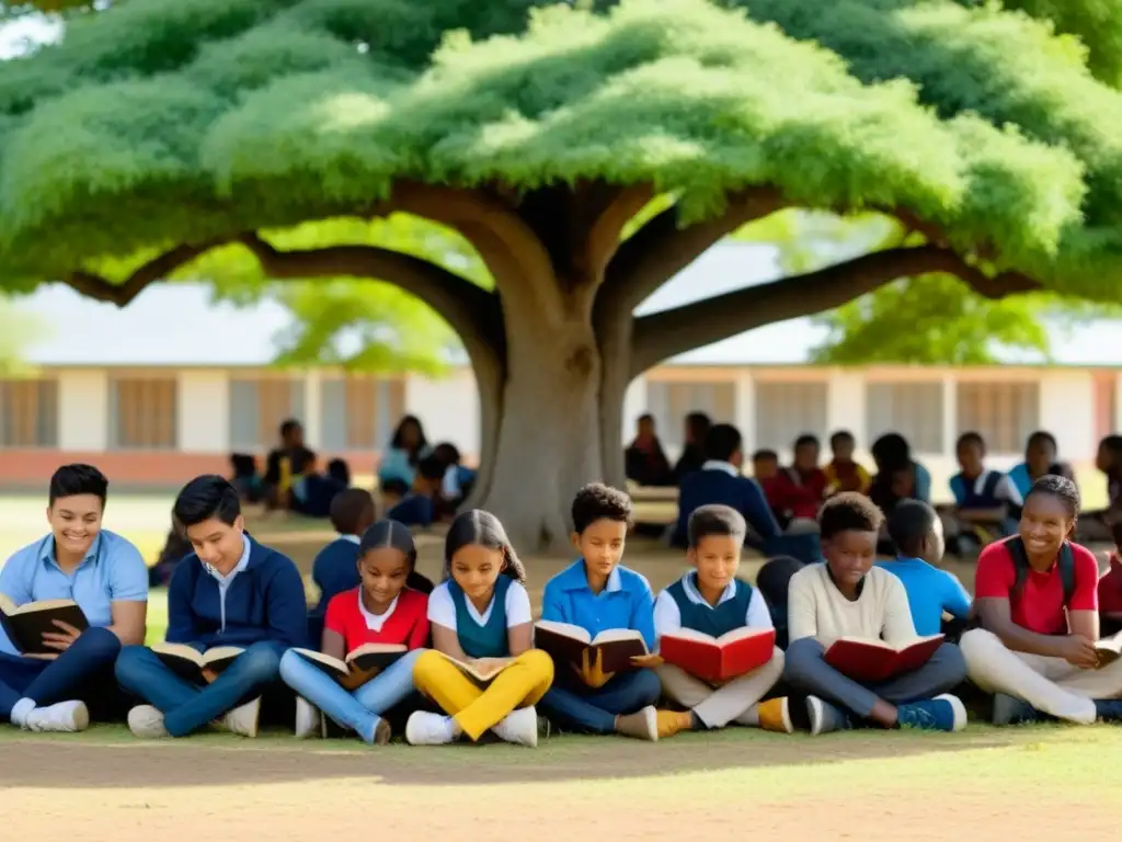 Grupo diverso de estudiantes bajo un árbol en escuela rural de Uruguay, reflejando acceso equitativo a la educación