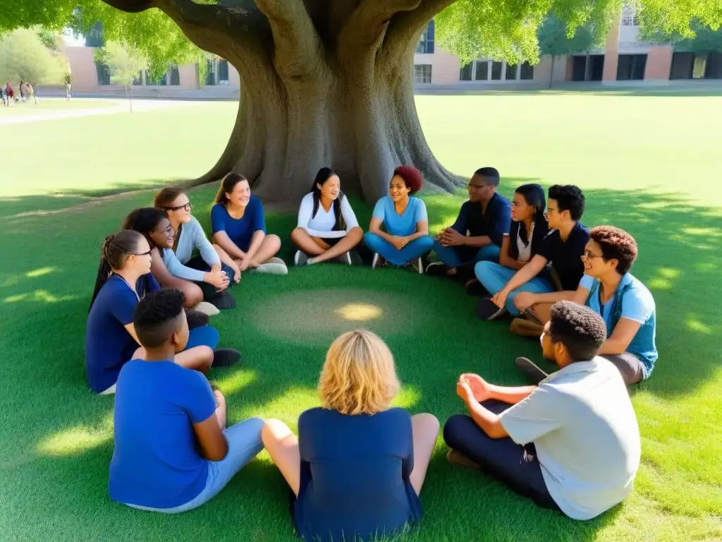 Un grupo diverso de estudiantes se reúne bajo un árbol en un campo, disfrutando de una animada discusión