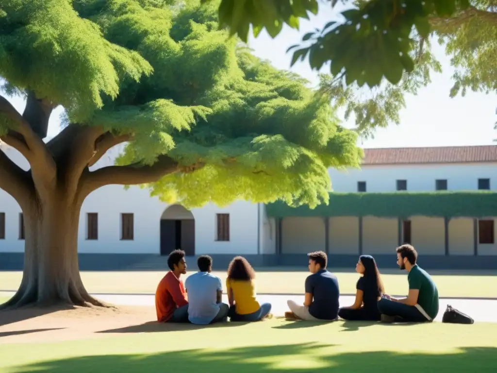 Grupo diverso de estudiantes debatiendo bajo un árbol en un campus universitario en Uruguay