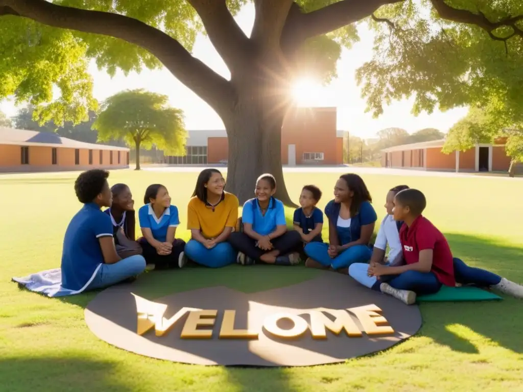 Un grupo diverso de estudiantes se reúne bajo un árbol al atardecer en un campo, simbolizando la educación inclusiva y derechos humanos en Uruguay